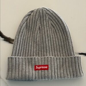 Supreme Gray Ribbed Beanie with Red Logo Patch